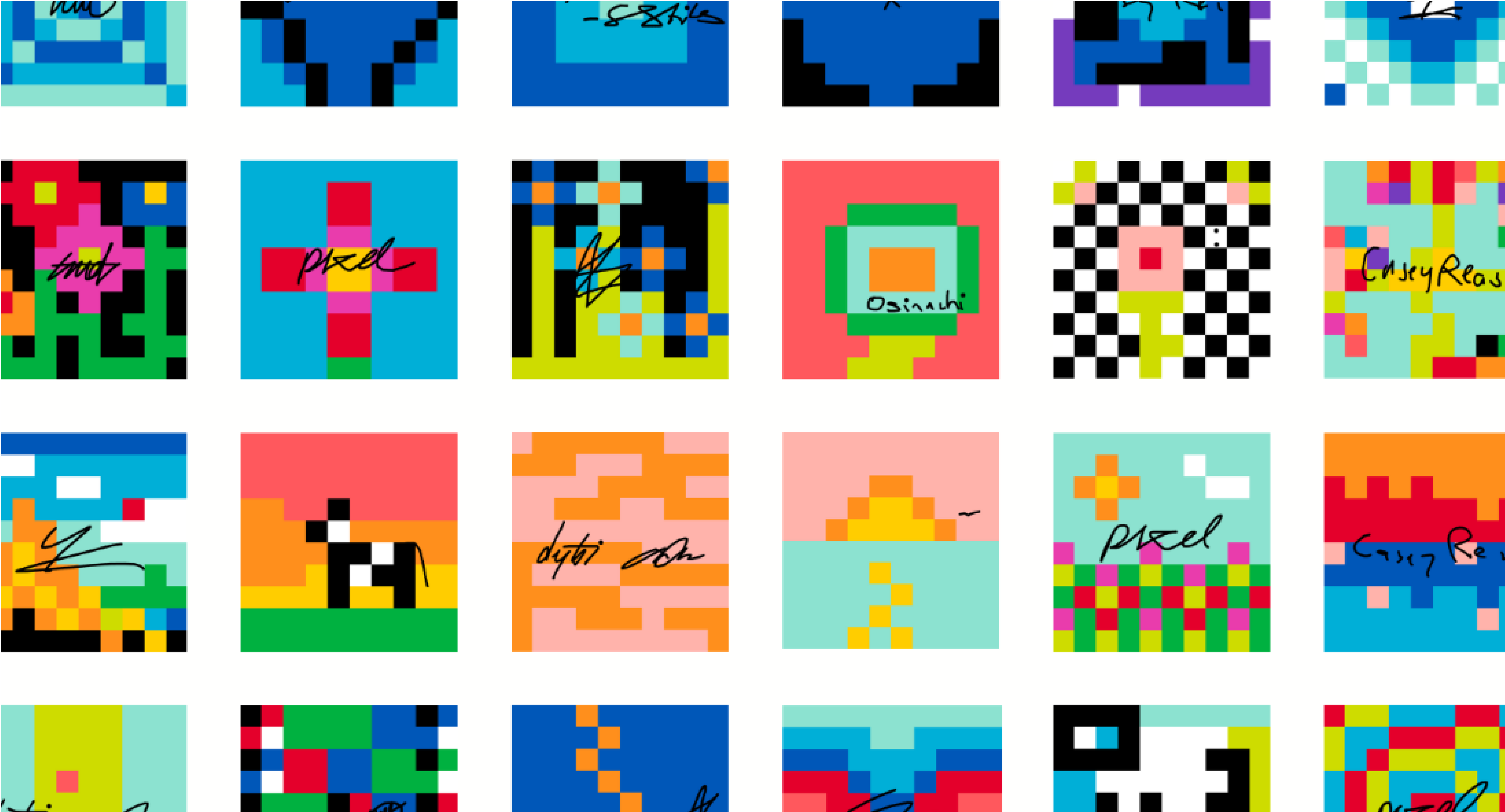 Pixel-art stamps and signatures from the First 15 MoMA Postcards