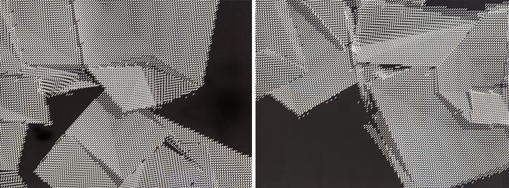 Casey Reas, HSB-119-006-090-1366-618 / HSB-135-006-090-1232-687, woodblock diptych, 2015.